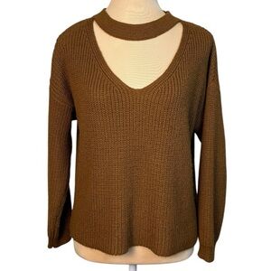 Miracle Brown V-Neck Cutout Sweater S/M Chunky Knit Ribbed Top